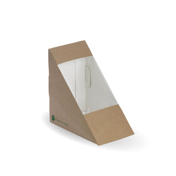 BioPak BioBoard Sandwich Wedge Box With Window - 123 x 72 x79mm - FSC Mix - Printed Kraft-Look